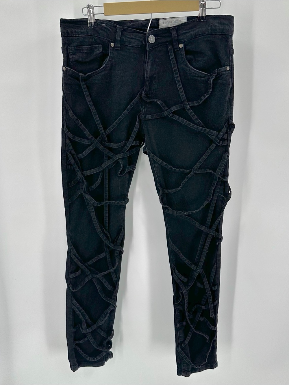 FWRD Denim Jeans Mens 34x32 Black Denim Fit 1 Slim Strappy Rope Tied Punk Goth